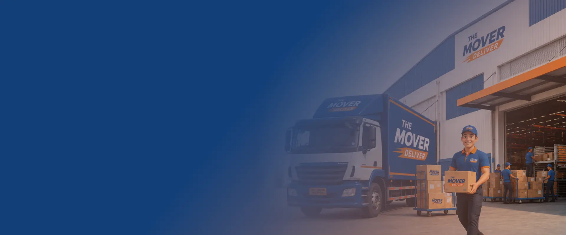 The Mover Deliver truck and delivery staff at a warehouse